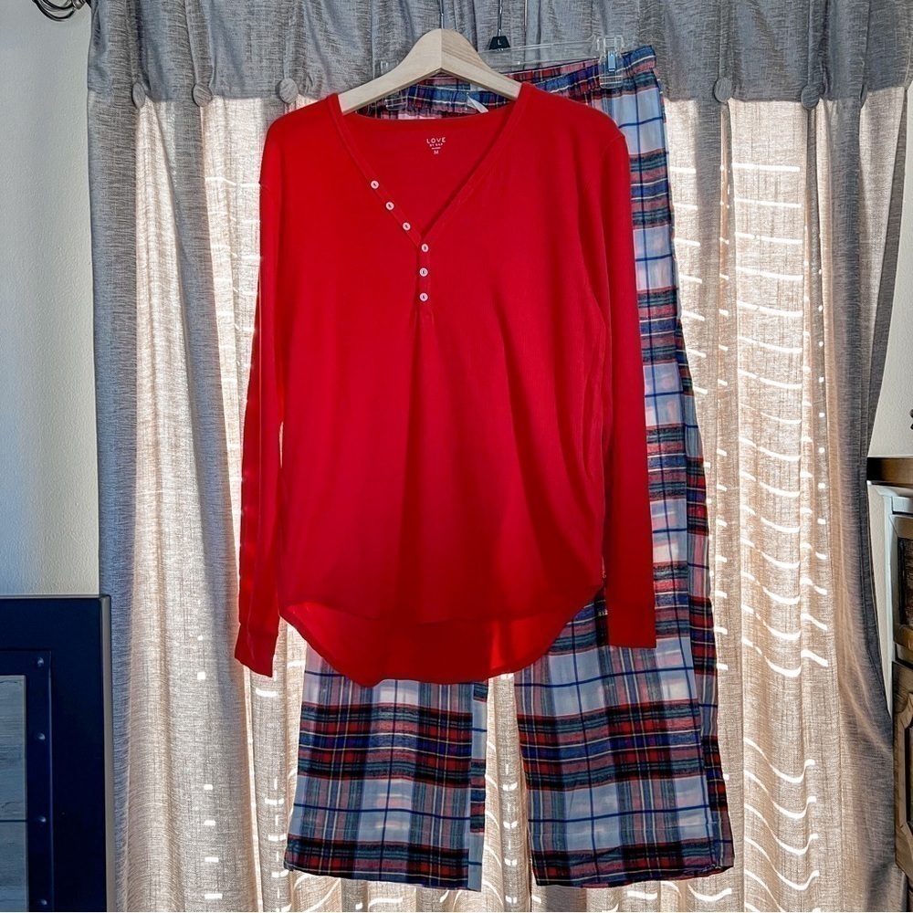 LOVE By Gap Red Plaid Flannel Pajama Two Piece Set Size Medium